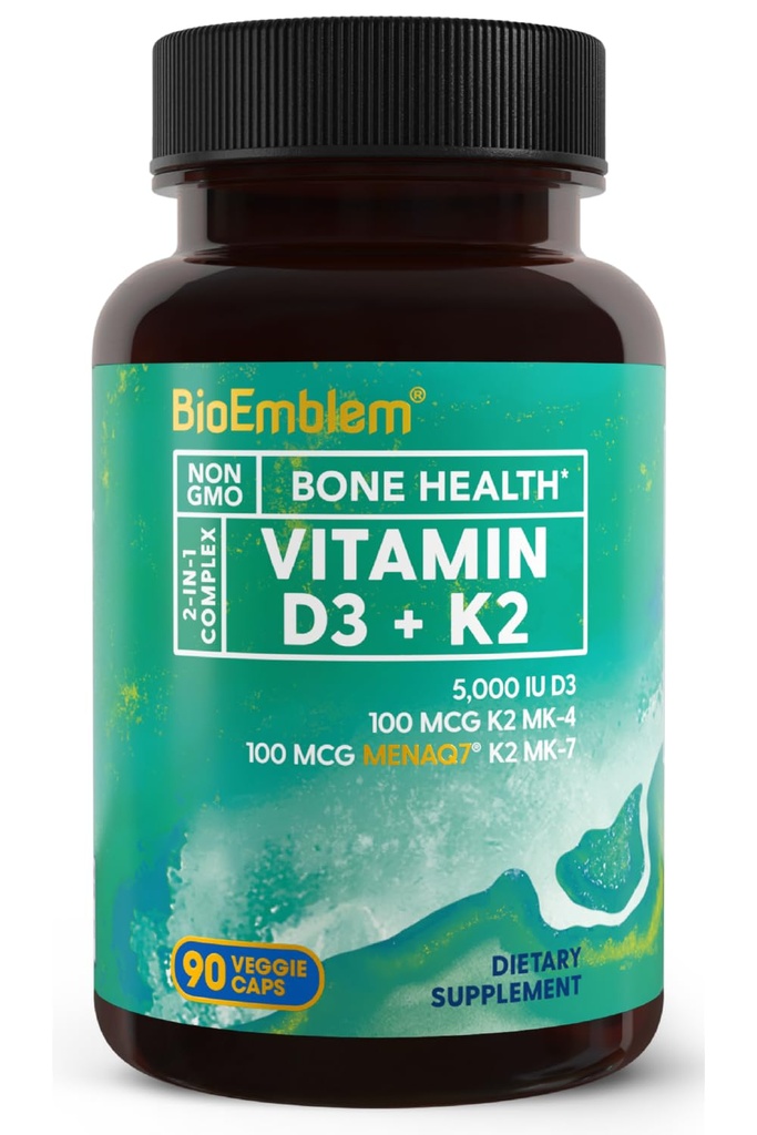 Bioembleme Vitamin D3 K2 kapsler (5000IE og 200mcg) - Patenteret MK7 og MK4 for 3- in-1 Complex support - Vegetarisk vitamin D K2 supplement til tænder, hjerte, immunsystem - non-GMO, 90 Caps