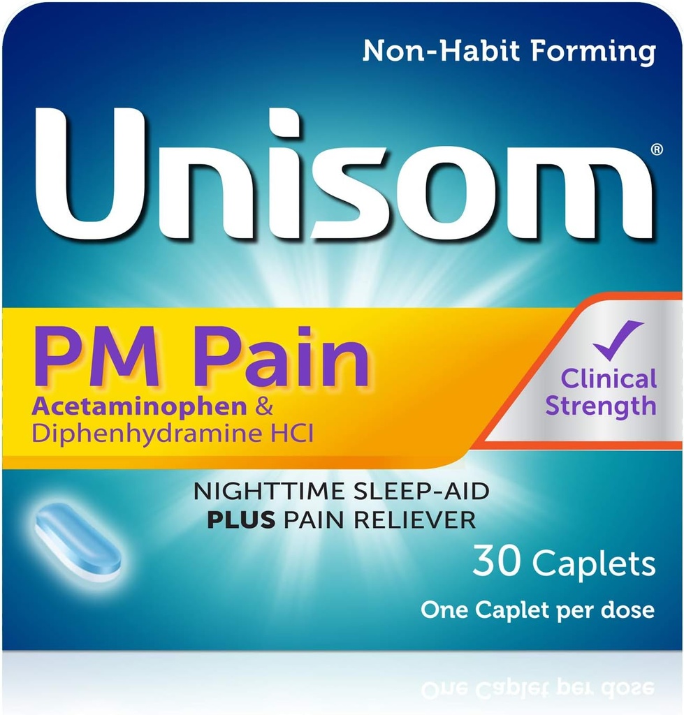 Unisomm PM Pain Nighttime Sleep- aid + Pain Reliever, Acetaminophen & Diphenhydramin HCI, 30 Caplets, 50 mg