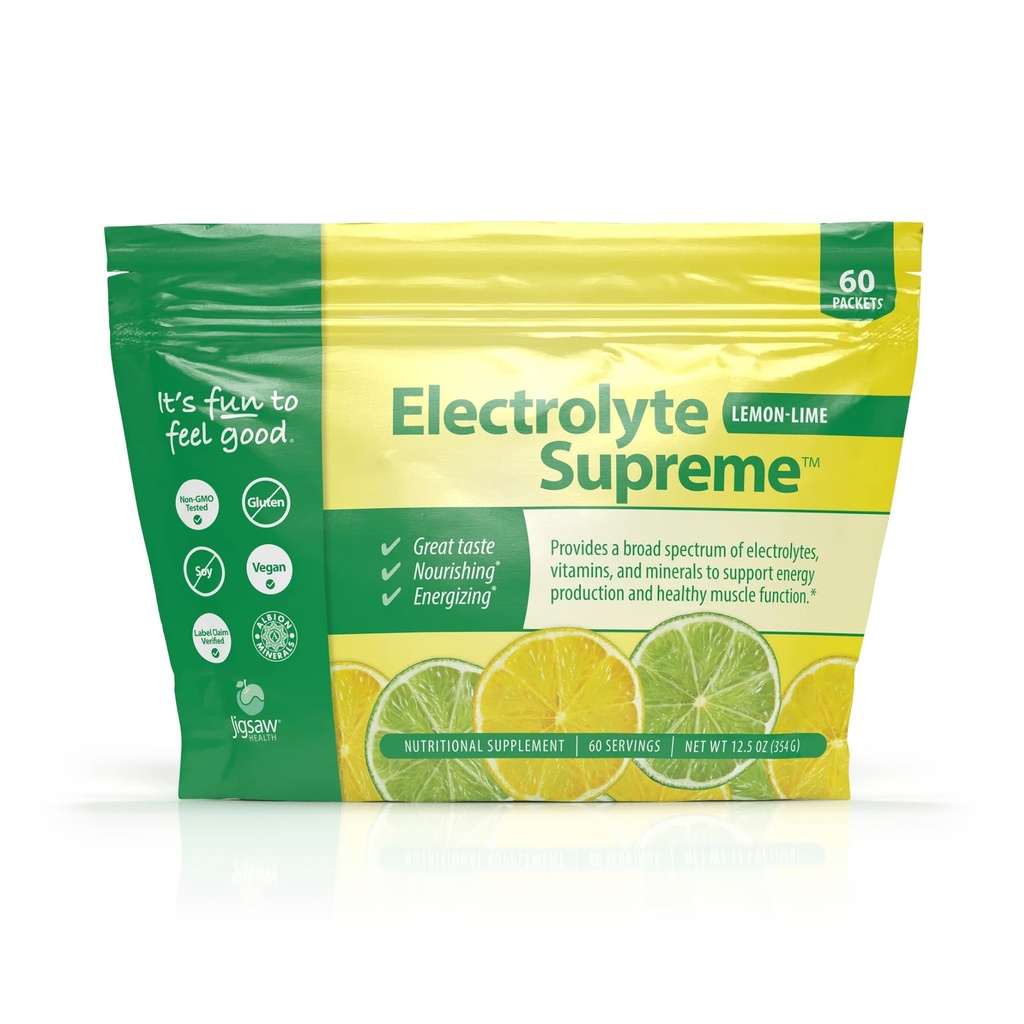 Jigsaw Health Electrolyte Supreme | Broad Spectrum of Electrolytes + Trace Minerals | Lemon-Lime Flavor | 60 Servings (Packets)