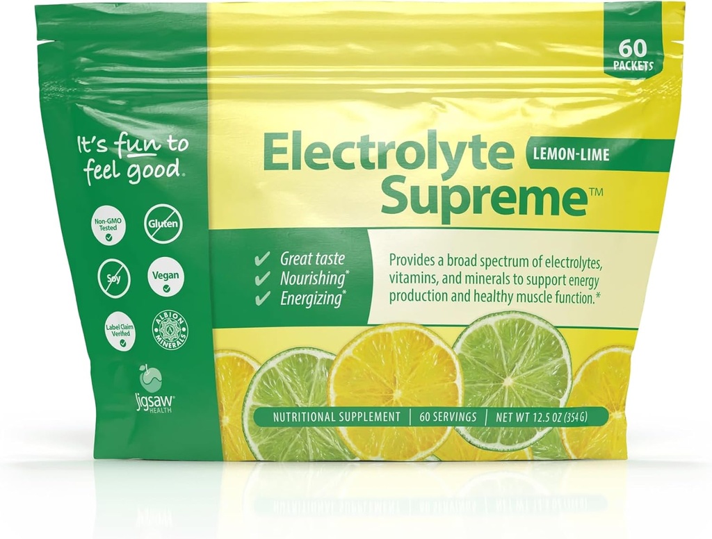 Jigsaw Health Electrolyte Supreme against 124; Broad Spectrum of Electrolytes + Trace Minerals against 124; Lemon- Lime FLAvor 124; 60 Servering (Packets)
