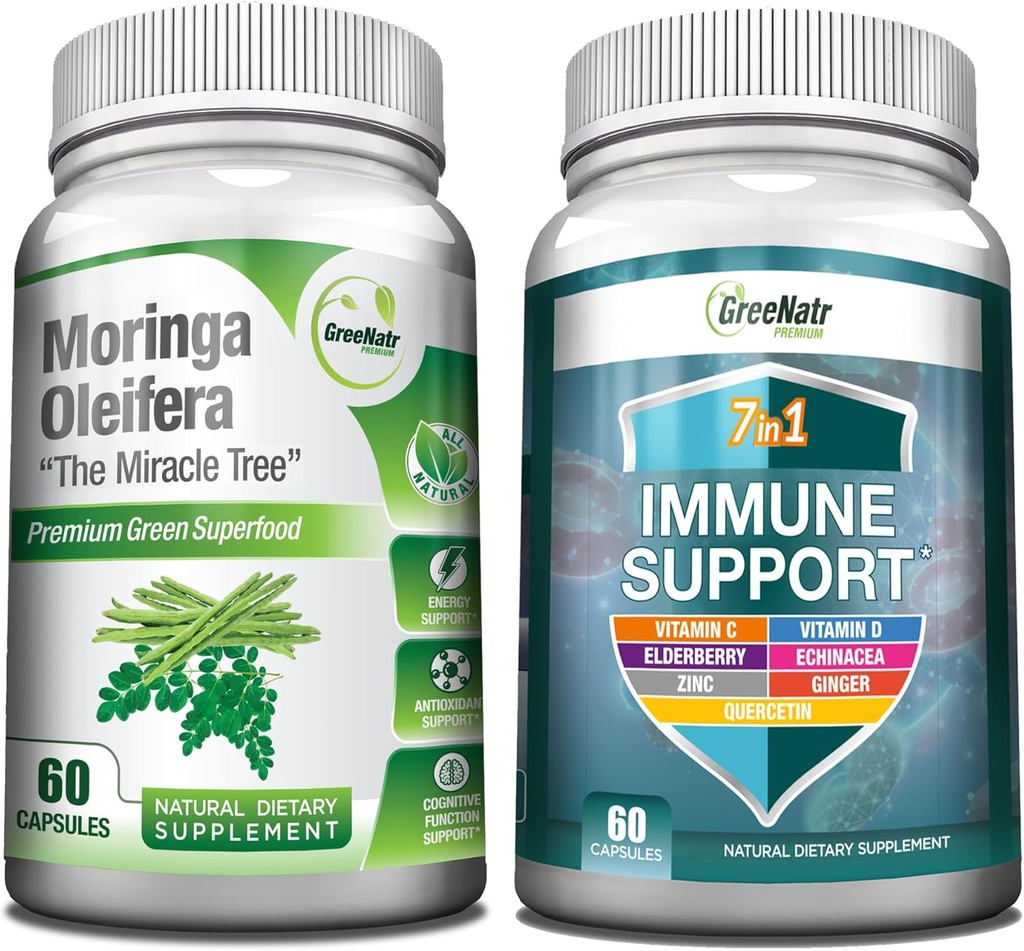 GreeNatr Energy Support & Immunforsvar Bundle: Pure Moringa Oleifera Leaf Extract Veggie Kapsler (1000 mg) med 7- in-1 immunstøtte Formel for energi, mad, hukommelse, fokus