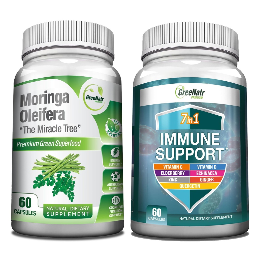 GreeNatr Energy Support & Immunforsvar Bundle: Pure Moringa Oleifera Leaf Extract Veggie Kapsler (1000 mg) med 7- in-1 immunstøtte Formel for energi, mad, hukommelse, fokus