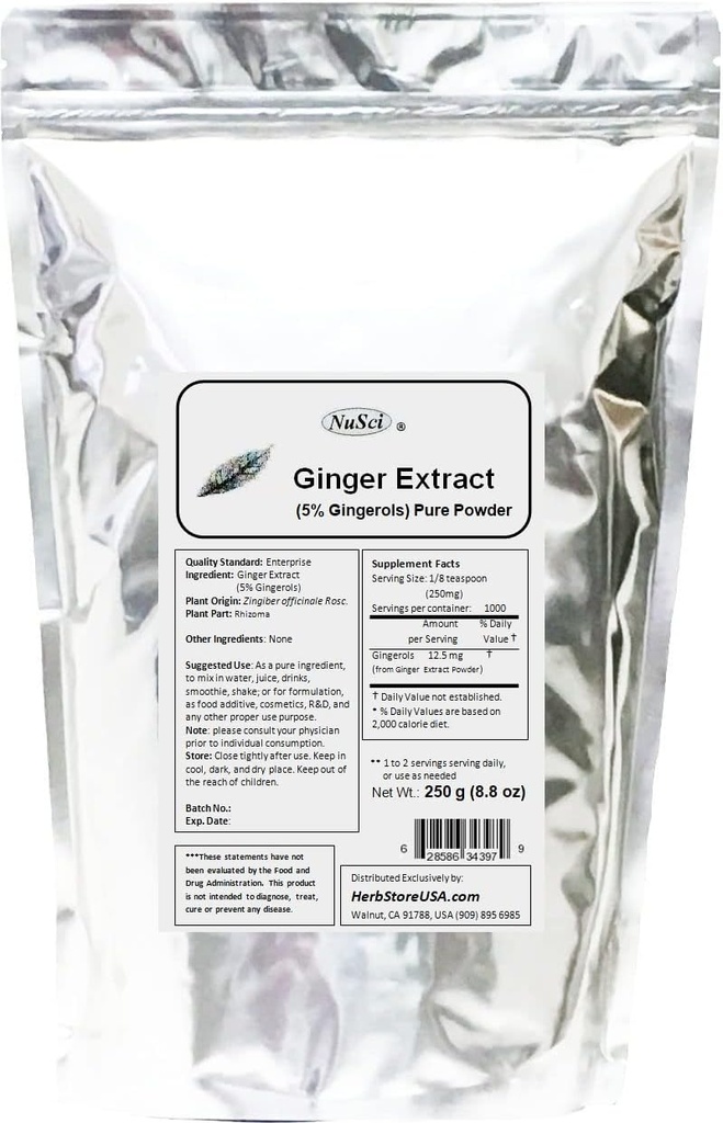 Ingefær Root Extract 250 g (8, 8 oz) Pulver Standardiseret 5% Gingeroler, Support fordøjelsessystem