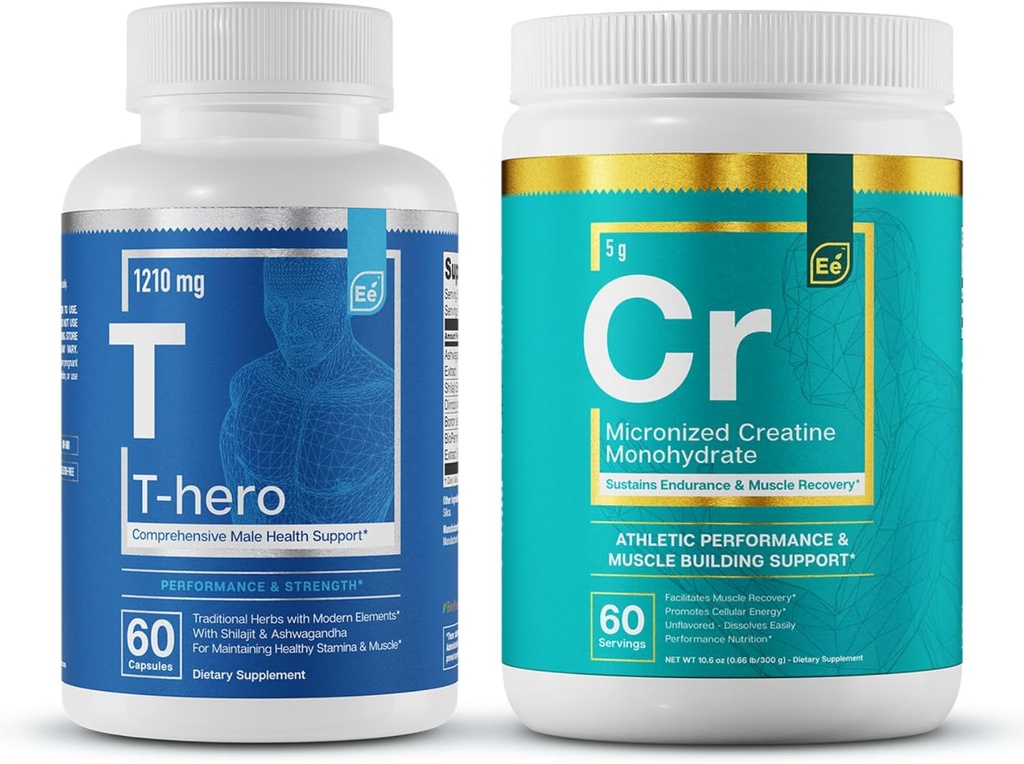 Væsentlige elementer T- Hero + Mikroniseret Creatin monohydrat Note 124; Mand sundhed supplement - Muskelstøtte & T- sundhed