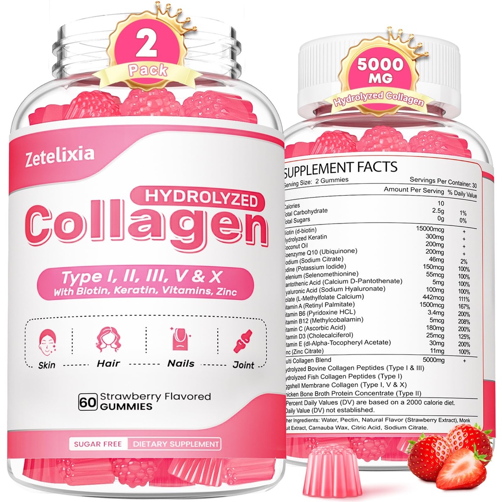 2 Pack Collagen Gummies for kvinder Mænd, Hydrolyzed Collagen Peptid Type I, II, III, V, X med biotin, Vitamin C A B D E for hud hårnegle J0ints, Immunitet energi fordøjelse, sukker fri, 120 Tæl