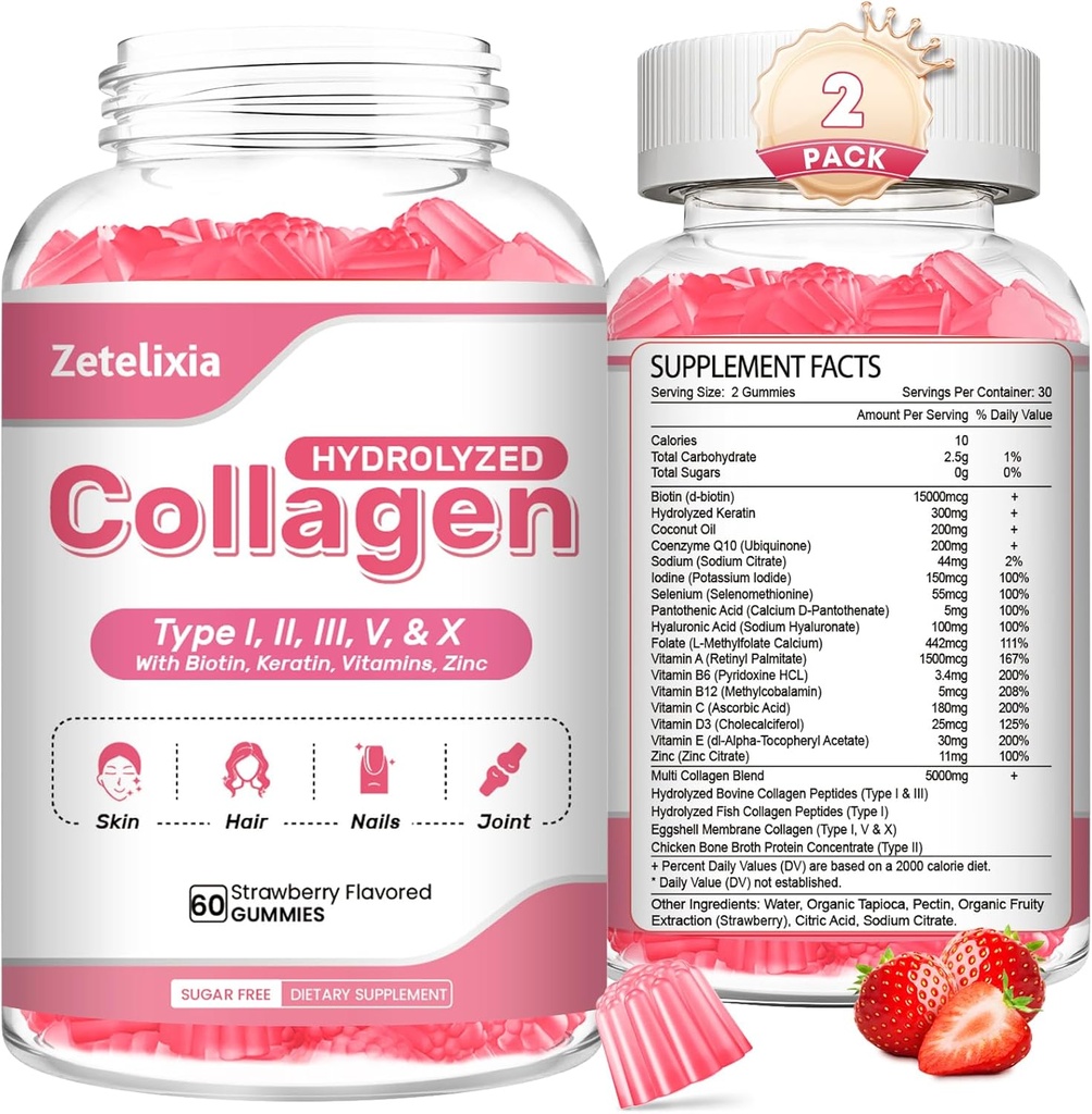 2 Pack Collagen Gummies for kvinder Mænd, Hydrolyzed Collagen Peptid Type I, II, III, V, X med biotin, Vitamin C A B D E for hud hårnegle J0ints, Immunitet energi fordøjelse, sukker fri, 120 Tæl