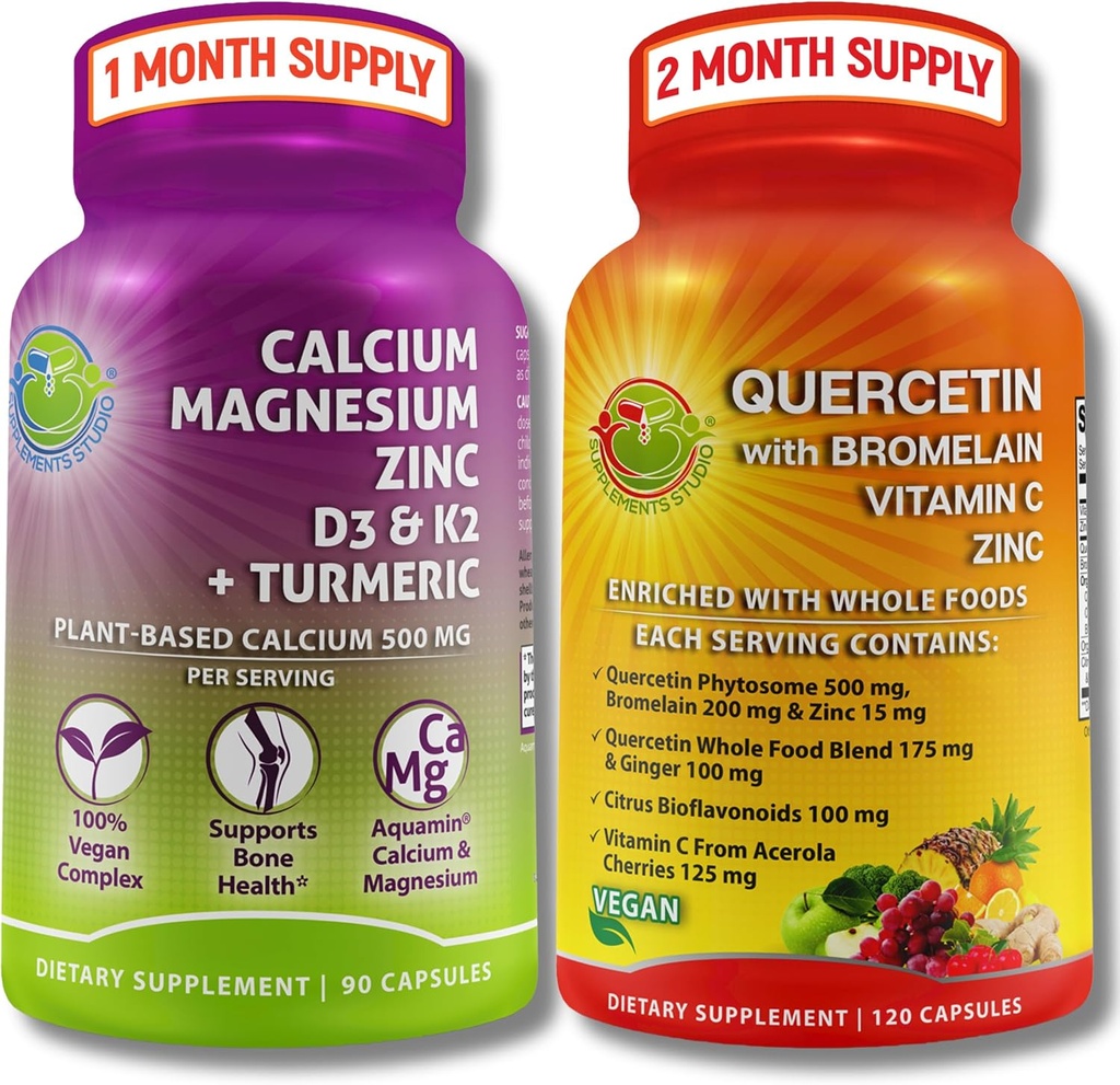 Knogle- & immunsupportbundle - Quercetin 500 mg med bromelain, zink, C-vitamin og økologiske helfødevarer + Plant- baseret calcium 500 mg, Magnesium, D3, K2 & gurkemeje - Vegan, non- GMO, Clean Label