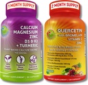 Knogle- & immunsupportbundle - Quercetin 500 mg med bromelain, zink, C-vitamin og økologiske helfødevarer + Plant- baseret calcium 500 mg, Magnesium, D3, K2 & gurkemeje - Vegan, non- GMO, Clean Label
