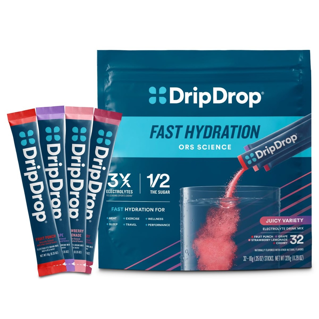 DripDrop Hydration Pakker - saftig sort Pack - Single Serve Electrolytes Powder Mix - Grape, Fruit Punch, Strawberry Lemonade, Cherry - Non- GMO, Gluten Free, Vegan - 32 sticks