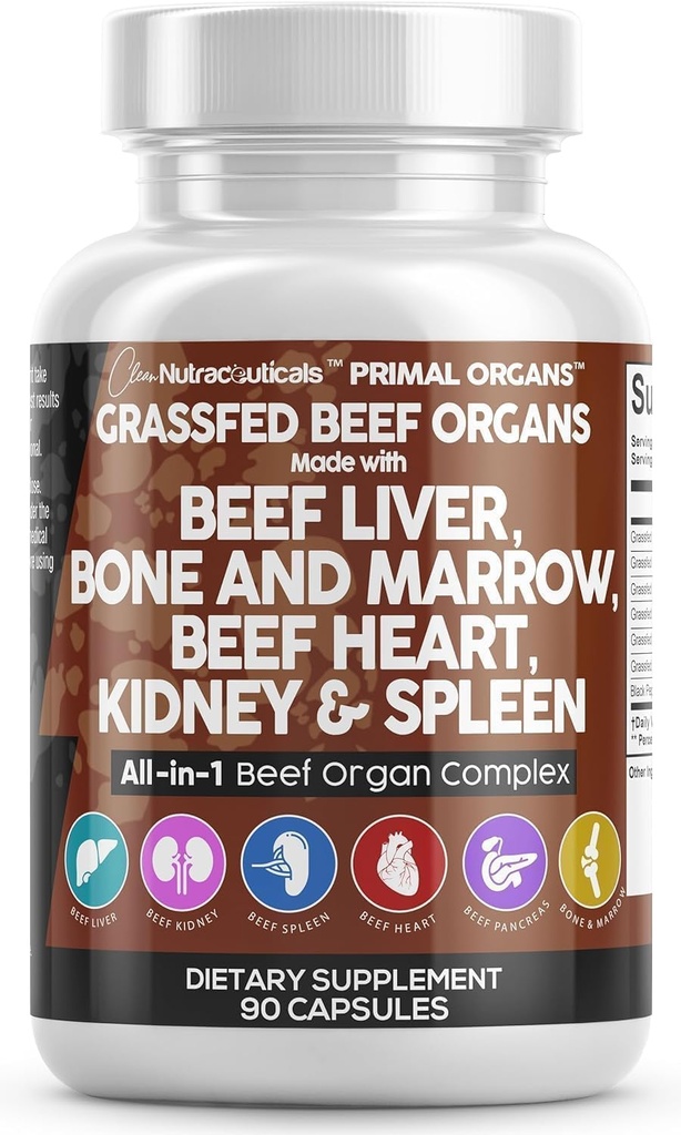 Clean Nutraceuticals Grass Fed Beef Liver Capsules - Premium Quality Supplement Packed with Desiccated, Beef Heart, Spleen, Pancreas Plus Bone & Marrow Dao Enzyme Pills