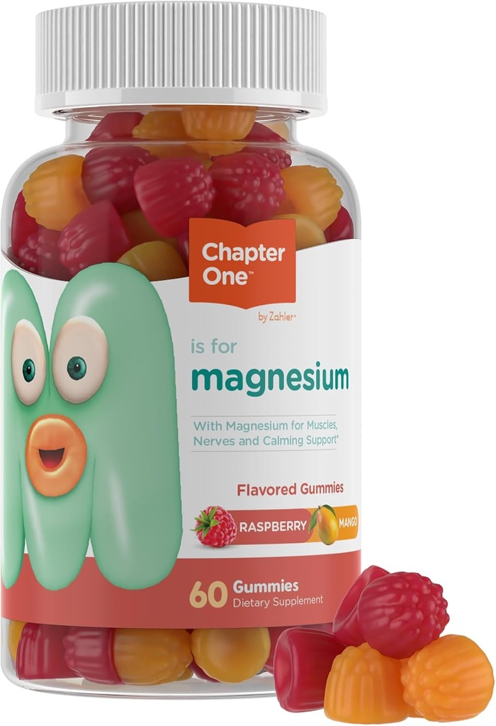 Chapter One Magnesium Gummies, Great Tasting Magnesium for Kids, Calm Kids Magnesium, Magnesium Gummies for Women and Men, Raspberry and Mango Flavored, Certified Kosher, (60 Flavored Gummies)