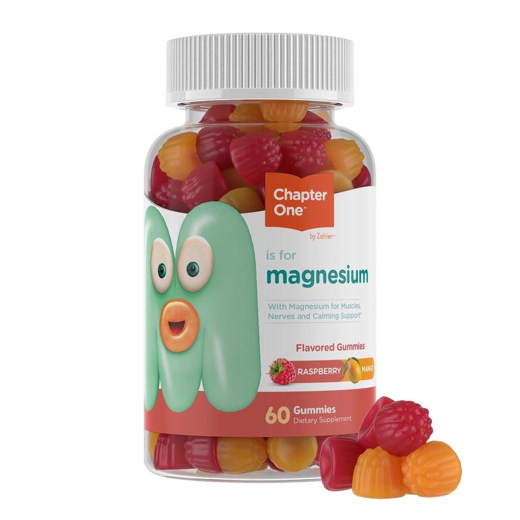 Kapitel 1 Magnesium Gummies, Great Tasting Magnesium for Kids, Calm Kids Magnesium, Magnesium Gummies for Kvinder og Mænd, Hindbær og Mango Flavored, Certified Kosher, (60 Flavored Gummies)