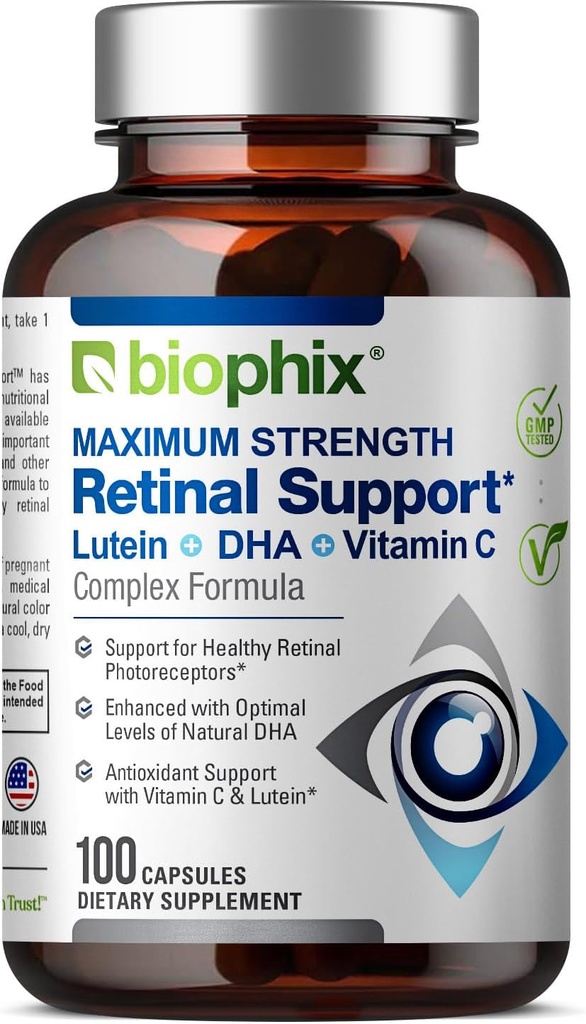 biophix Retinal Support Maksimal styrke Kompleks Formel 100 kapsler - Zink Vitamin C E Lutein DHA Omega-3 Astaxanthin Hyaluronsyre - Understøtter Eye Vision Sundhed