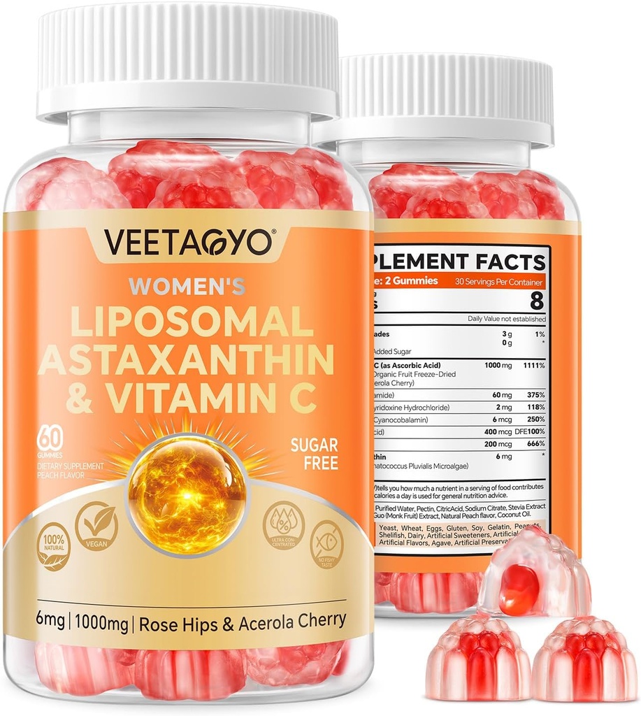 Astaxanthin Kosttilskud 6 mg + Liposomal Vitamin C 1000mg - Dual Layer - Niacin B6, B12, Folate, Biotin - Antioxidanter - Gelatine Free, Sugar Free, 60Cts