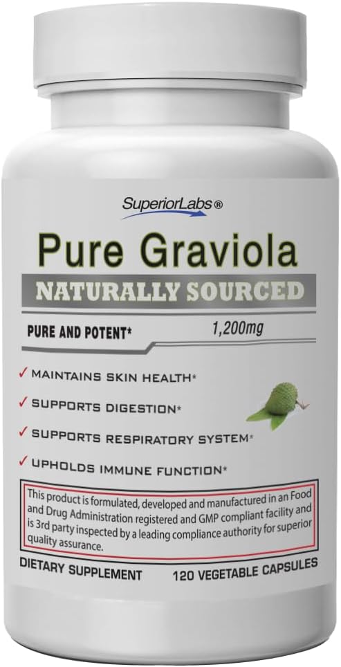 Superior Labs Graviola 1200mg, Pure Natural Non- GMO Herbal Antioxidant, Immun & Respiratorisk Support, fremmer sund hud, Cell Growth & Balanced Mood, High- Potency Extract, 120 Veg kapsler