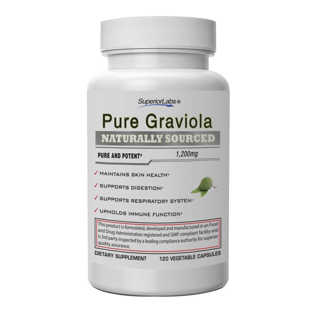 Superior Labs Graviola 1200mg, Pure Natural Non- GMO Herbal Antioxidant, Immun & Respiratorisk Support, fremmer sund hud, Cell Growth & Balanced Mood, High- Potency Extract, 120 Veg kapsler