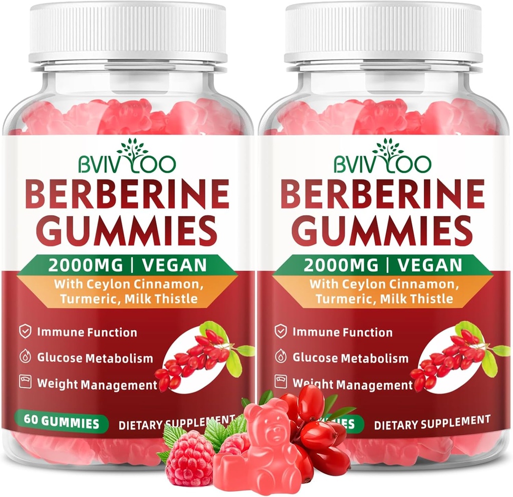 2 Pack Berberine Gummies, 2000mg High Potency Berberine HCI Supplement, Plus Ceylon Cinnamon, Milk Thistle for Women & Men, Immunsystem & Metabolisme Support - 120 Gummies