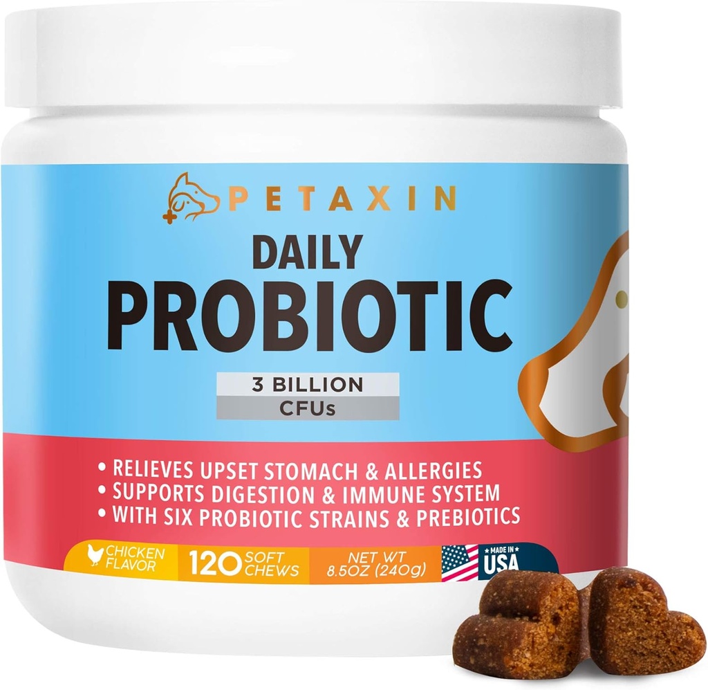 Probiotika til hunde - 6 Strops med Prebiotika - Understøtter fordøjelses- og immunsystem - Relief til Diarré, Bad Breath, Allergier, Gas, Forstoppelse, Hot Spots - Made in USA - 120 Chews