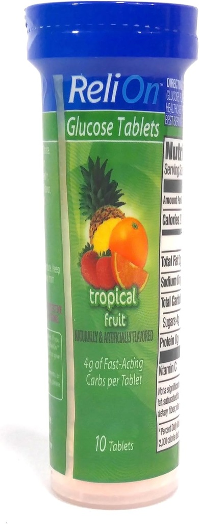 ReliOn Glucose Tropical Fruit Tablets, On- The- Go Tube, 10 Tablets.