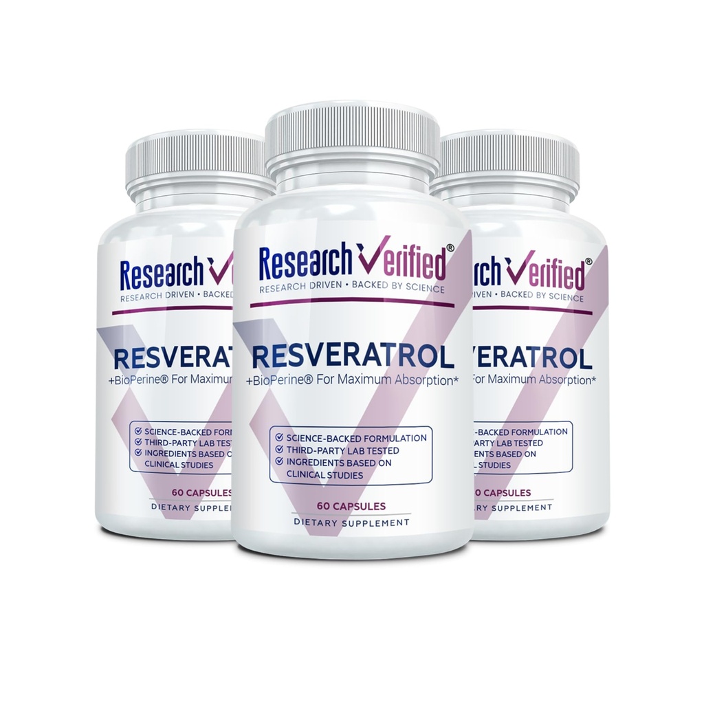 Forskning Verificeret Resveratrol - 98% Trans- Resveratrol 1000 mg, Anti- Aging Support - 60 kapsler per flaske - 3 flasker