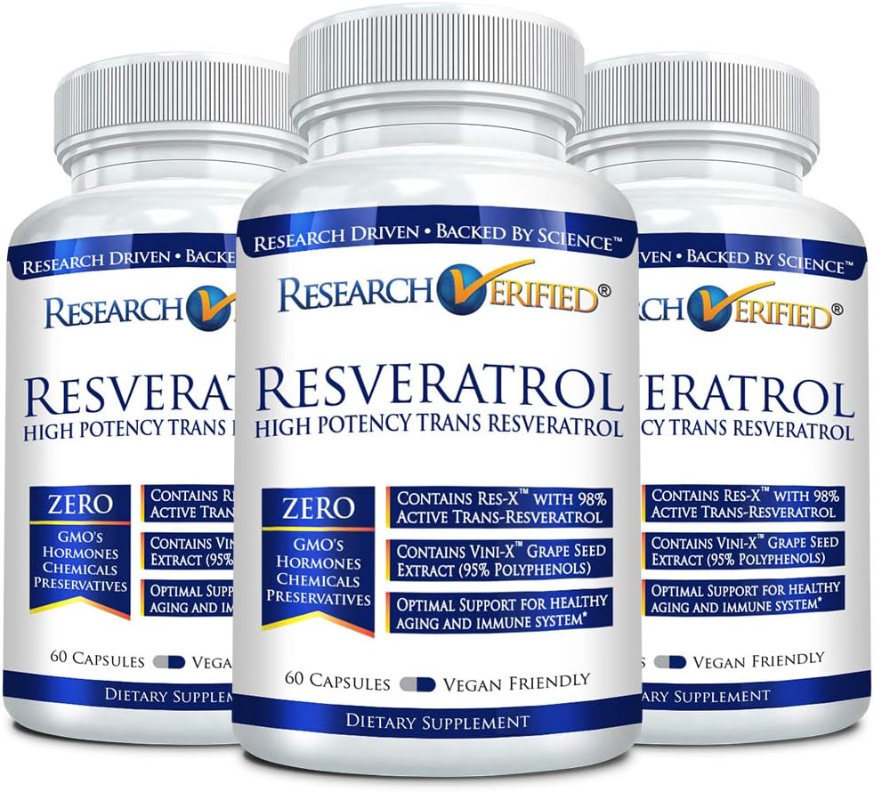 Forskning Verificeret Resveratrol - 98% Trans- Resveratrol 1000 mg, Anti- Aging Support - 60 kapsler per flaske - 3 flasker