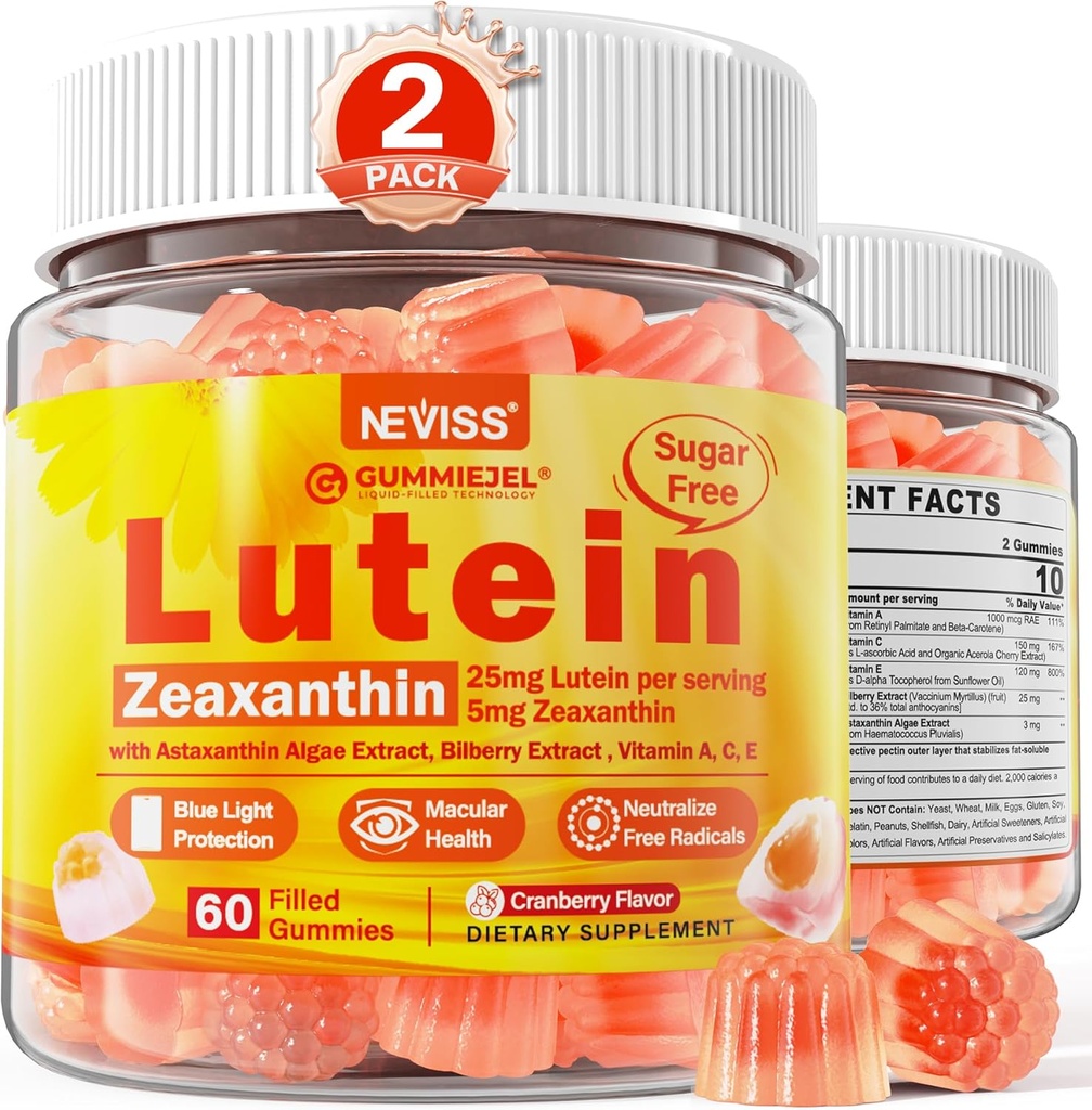 2 Pack Lutein og Zeaxanthin Kosttilskud Gummies (25mg) Vitamin A, C, E, Bilberry, Astaxanthin - Kokosolie for bedre Absorption - for voksne & Teens Vision, Eye, Brain, Hud - Vegan, Sukker Free