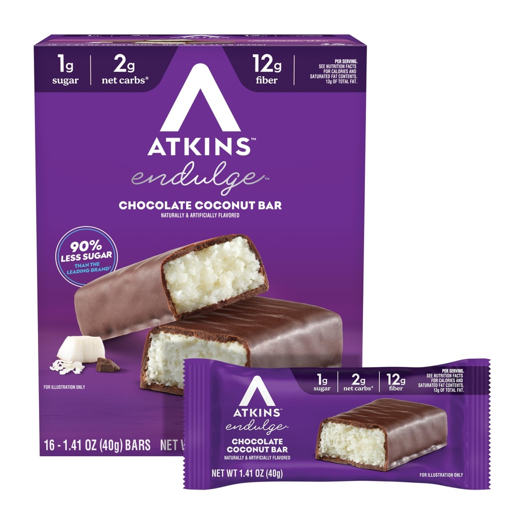 Atkins Endulge Chocolate Coconut Flavored Bar, Low Sugar Treat, High in Fiber, 16 Greve