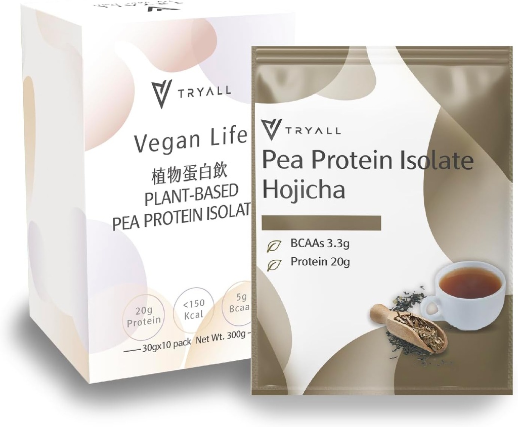 TRYALL Plant Based Pea Protein Powder Isolate (20g Protein) Travel Sachets (Hojicha, 10 Pakker)