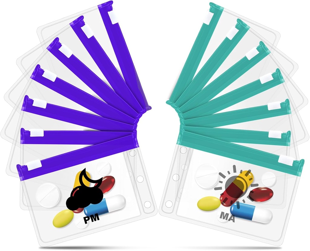 A7-S Pill Pouches sæt til A7 Ring Binder, Ugentlig Pill Organizer 2 gange om dagen, Pill Loose-Leaf Opbevaring med Cyan & Purple- Coded Medicine Pouches, Genanvendelig Travel Medicine Organizer