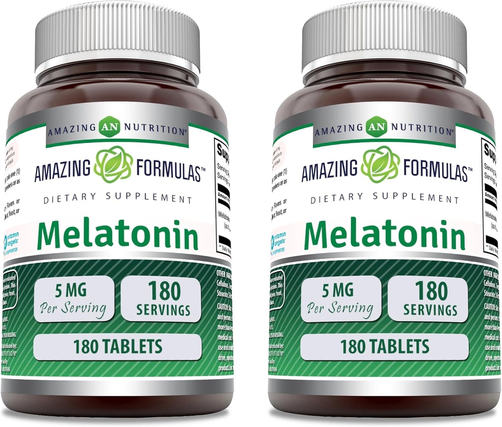 Amazing Formulas Melatonin Supplement: 124; 5 Mg Per Servering: 124; 180 tabletter: 124; Non- GMO: 124; Gluten Free; 124; Lavet i USA; 124; Pakning med 2