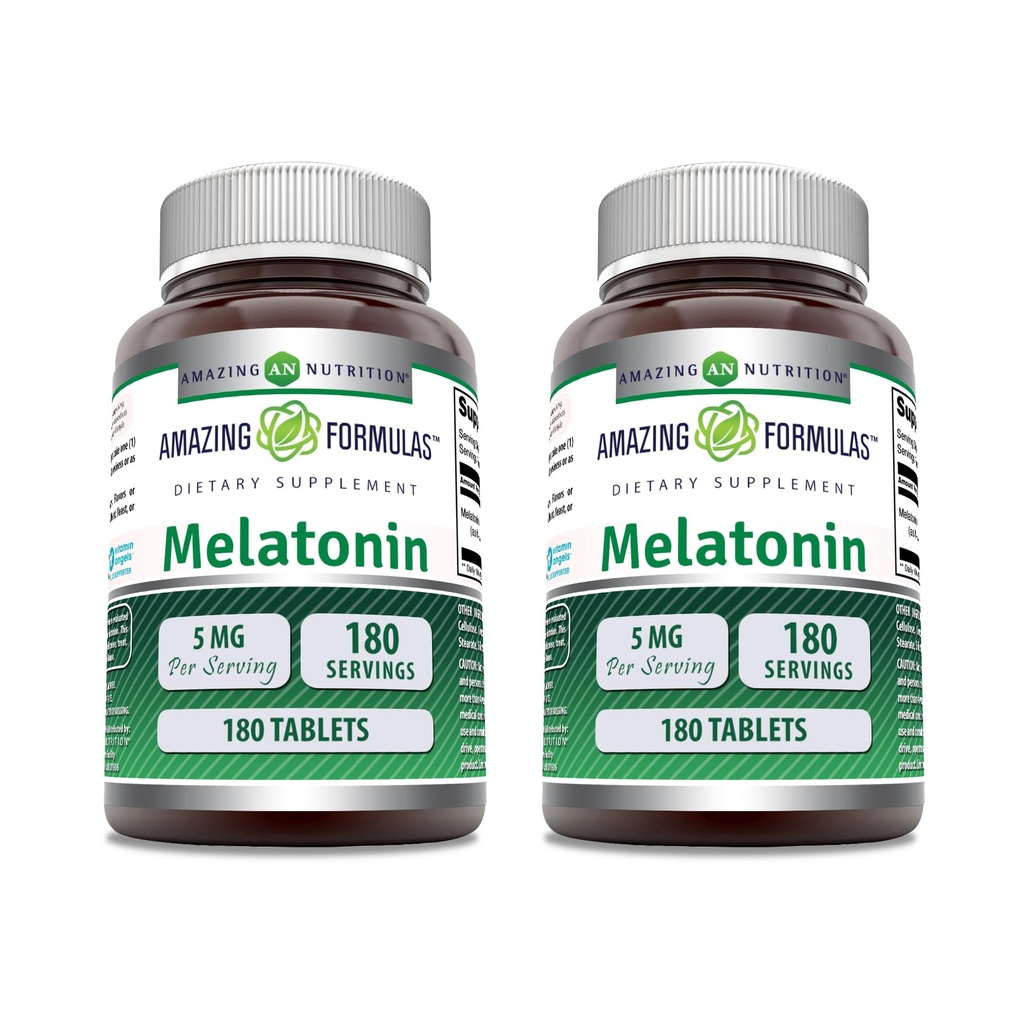 Amazing Formulas Melatonin Supplement: 124; 5 Mg Per Servering: 124; 180 tabletter: 124; Non- GMO: 124; Gluten Free; 124; Lavet i USA; 124; Pakning med 2