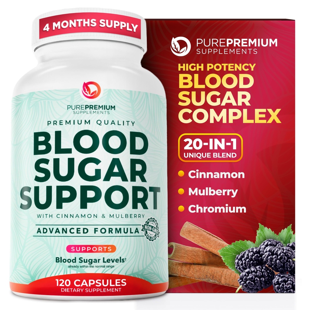 PurePremium Normal Blood Sugar Support Supplement - 20 Aktive Ingredienser Kompleks til at understøtte Blood Sugar Nivels allerede i det normale område - med kanel, Bitter Melon, Chrom, Mulberry - 120ct