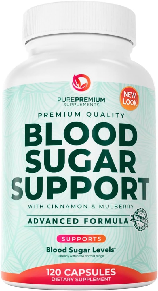 PurePremium Normal Blood Sugar Support Supplement - 20 Aktive Ingredienser Kompleks til at understøtte Blood Sugar Nivels allerede i det normale område - med kanel, Bitter Melon, Chrom, Mulberry - 120ct