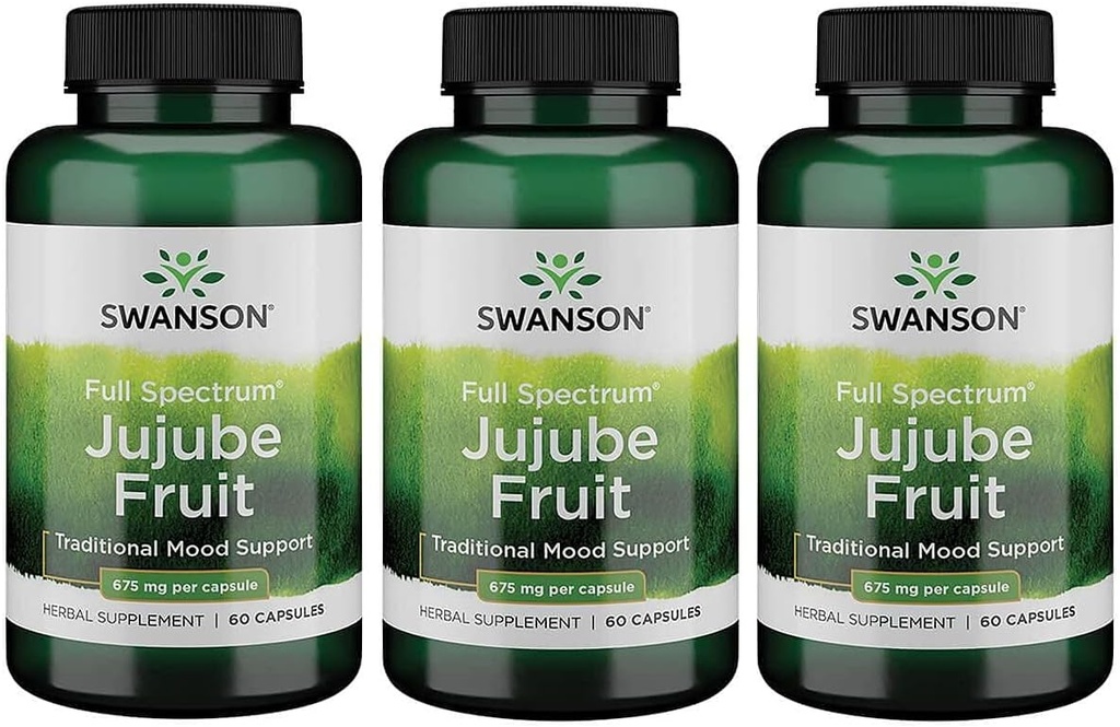 Swanson Jujube Fruit - Full Spectrum Herbal Supplement Fremme af en rolig og afdæmpet sind - Natural Formel Support Stress & Mood Support - (60 kapsler, 675 mg hver) 3 Pack