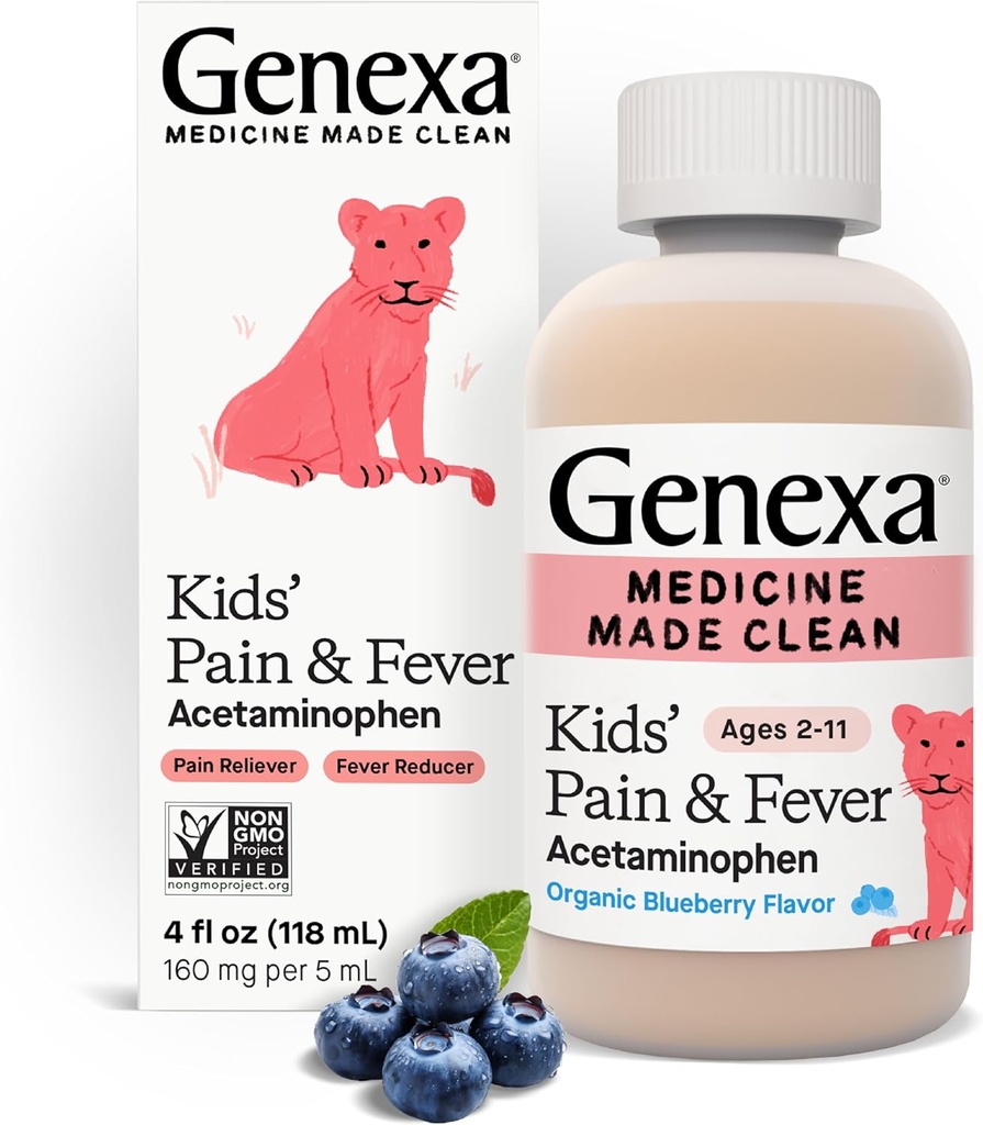 Genexa Kids 'Acetaminophen Pain & Fever Oral Suspension Medicine - 4oz - For børn 2 - 11 år gamle, midlertidigt lindrer smerter og feber symptomer, 160 mg pr 5 mL- Økologisk blåbær Flavor