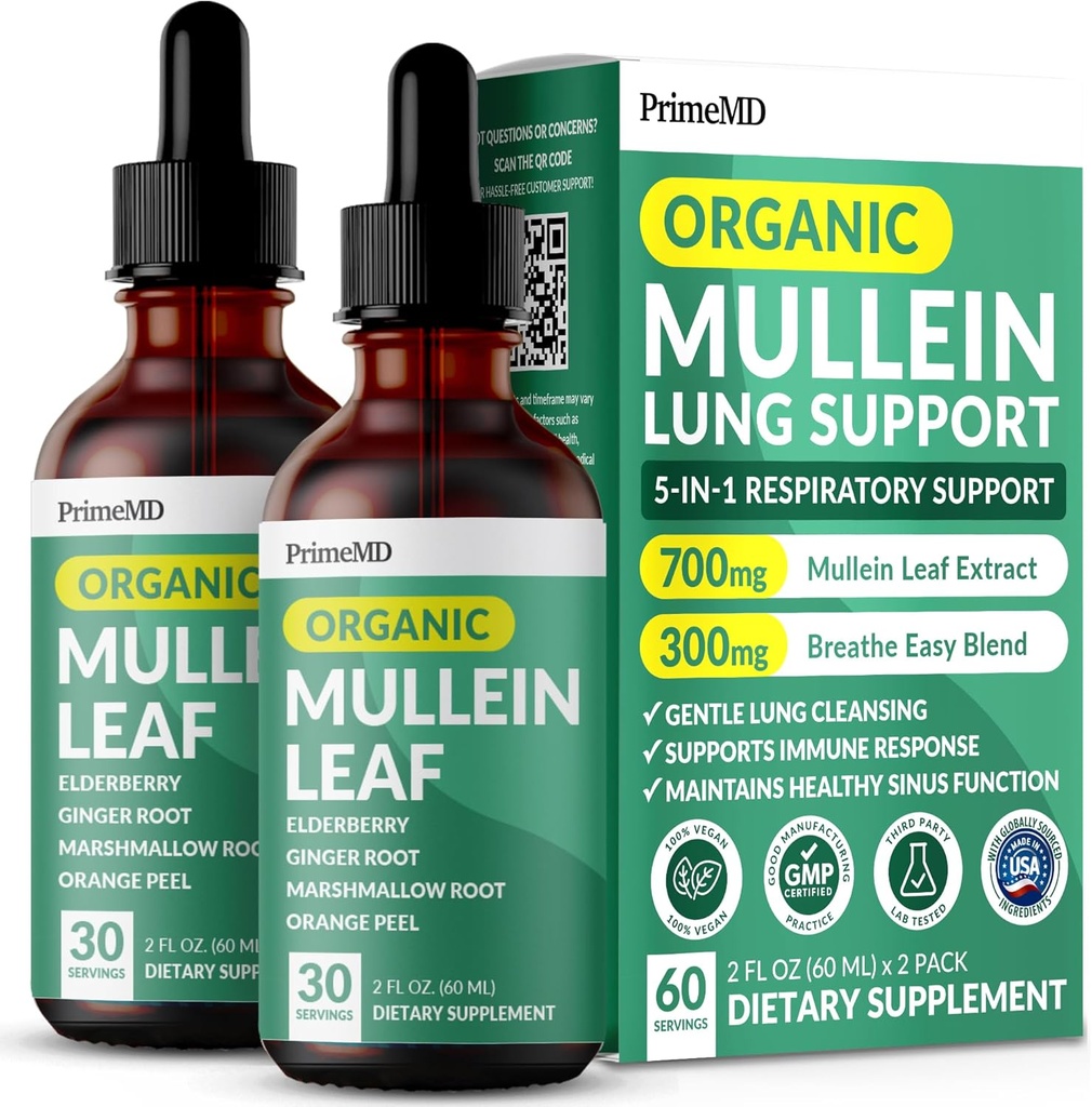 5-in-1 Mullein Drops for Lungs and Bronchial - Respiratory Lung Health Support with Mullen Leaf Extract for Lungs - Mullein Tincture with Elderberry, Echinacea and Ginger Root (60 Servings) (2-pack)
