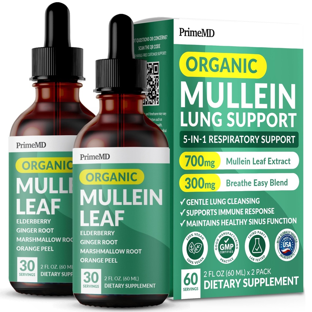 5-in-1 Mullein Drops til Lungs og Bronchial - Luftveje Lung Health Support med Mullen Leaf Extract til Lungs - Mullein Tincture med Elderberry, Echinacea og Ginger Root (60 Servere) (2-pack)