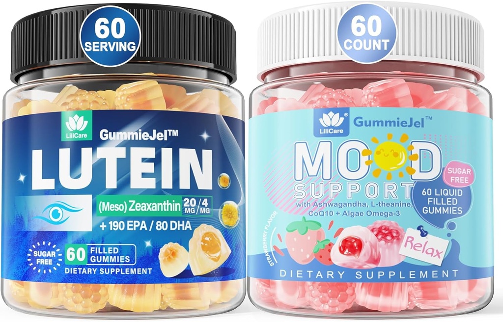 Sugar Free Lutein 20mg Zeaxanthin fyldte gummier + Natural Calm fyldte gummier til voksne med Ashwagandha og Vegan Omega 3