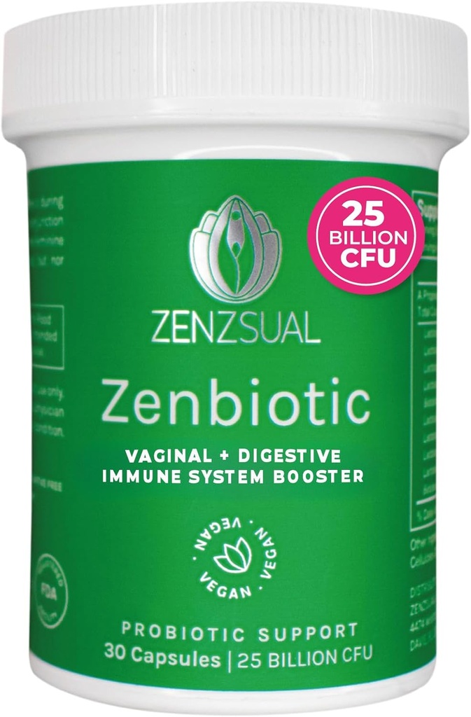 ZENZSUAL Zenbiotic Probiotika Støtte til kvinder - 25 Millioner CFU, Vaginal Sundhed & pH Balance Support, Odor & Yeast Control, Gut & fordøjelsessygdomme, Urinal Comfort, Hormone Balance, 30 Veganske kapsler