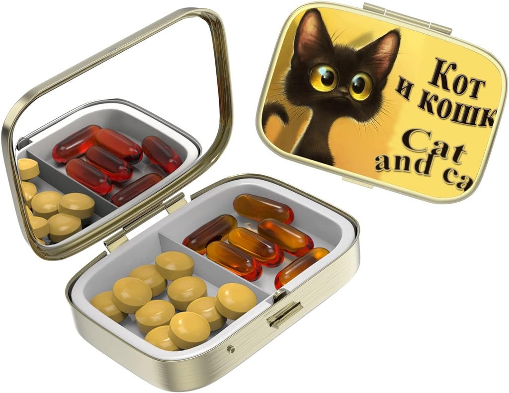 Cute Small Pill taske til lommer og tasker, Elegant Pill Box gør en stor gave, 2 Segment Travel Medicine Organizer Stores Progesteron, Capsule Pills, Ibuprofen, Vitaminer, øreringe Back- Bronze Kat