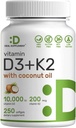 DEAL SUPPLEMENT Vitamin D3 10.000 IE + K2 MK7 200mcg Softgels, 250 Count 124; 21- in-1 Kompleks med Virgin Kokosolie Removal 124; støtter hjerte, ben, tænder og immunforsvar * Removal