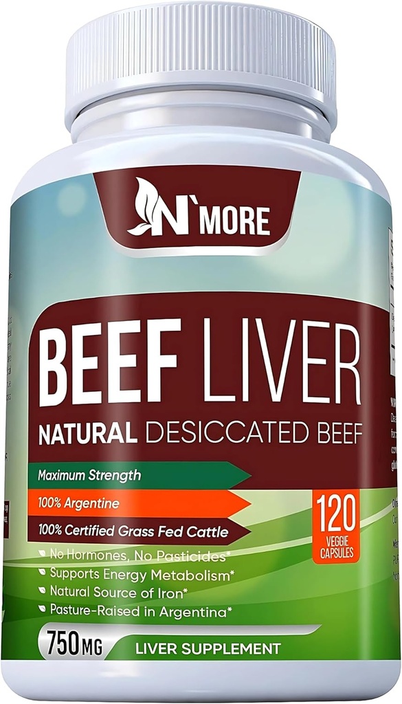 N 'More Beef Lever Kapsler - 100% Græs Fed & Undefatted Argentine Lever - Natural Iron, B12 & CoQ10 for Energy, Brain & immunforsvar - 120 Kapsler, 750mg