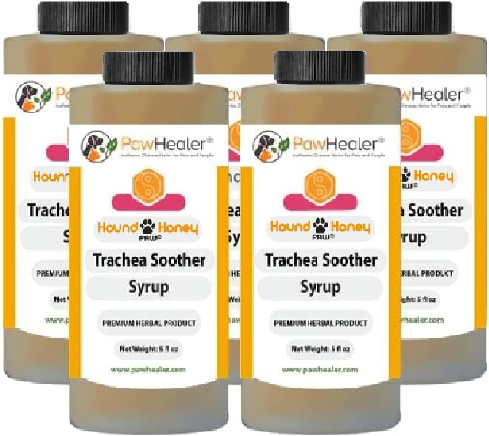 Trachea Soother Syrup 5PAK Hound Honey - Natural Herbal Remedy for Symptomer på Kollapsed Trachea - Smager god - Let at administrere (5 fl oz / ea)