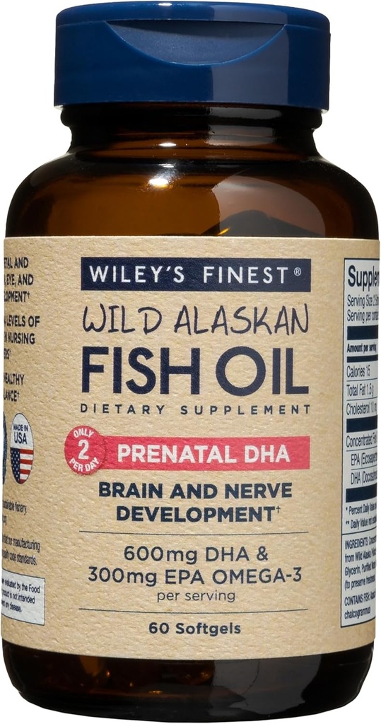 Wiley 's Finest Wild Alaska Fish Oil Prenatal DHA - 900mg EPA og DHA Omega- 3s til gravide kvinder og plejemødre - 60 Softgels (30 Prenatal Vitamin Servere)