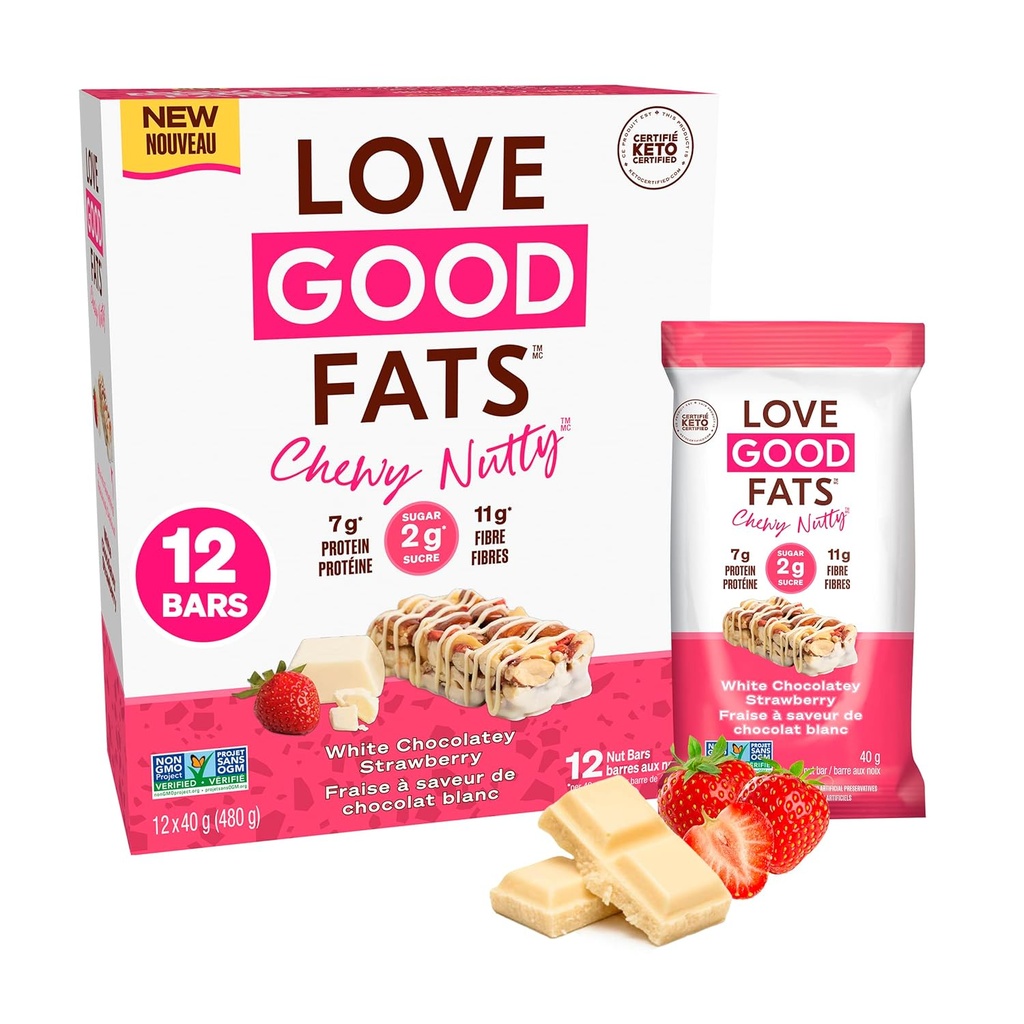 Love Good Fats Chewy Nutty Hvid chokolade Jordbær Keto Bars - Lav Carb Protein Snacks - 12 pack (1.59oz / 45g hver bar)