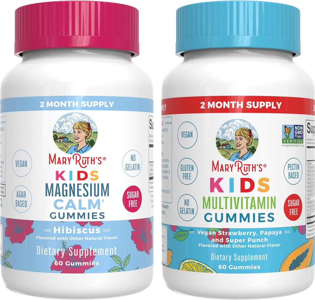 MaryRuth Organics Multivitamin (Strawberry) og Magnesium Calm Gummies (Hibiscus) for børn 124; Clean Label Project Verified ® Gluten 124; Vitaminer for samlet wellness og søvn 124; Vegan, Non- GMO, Gluten Free