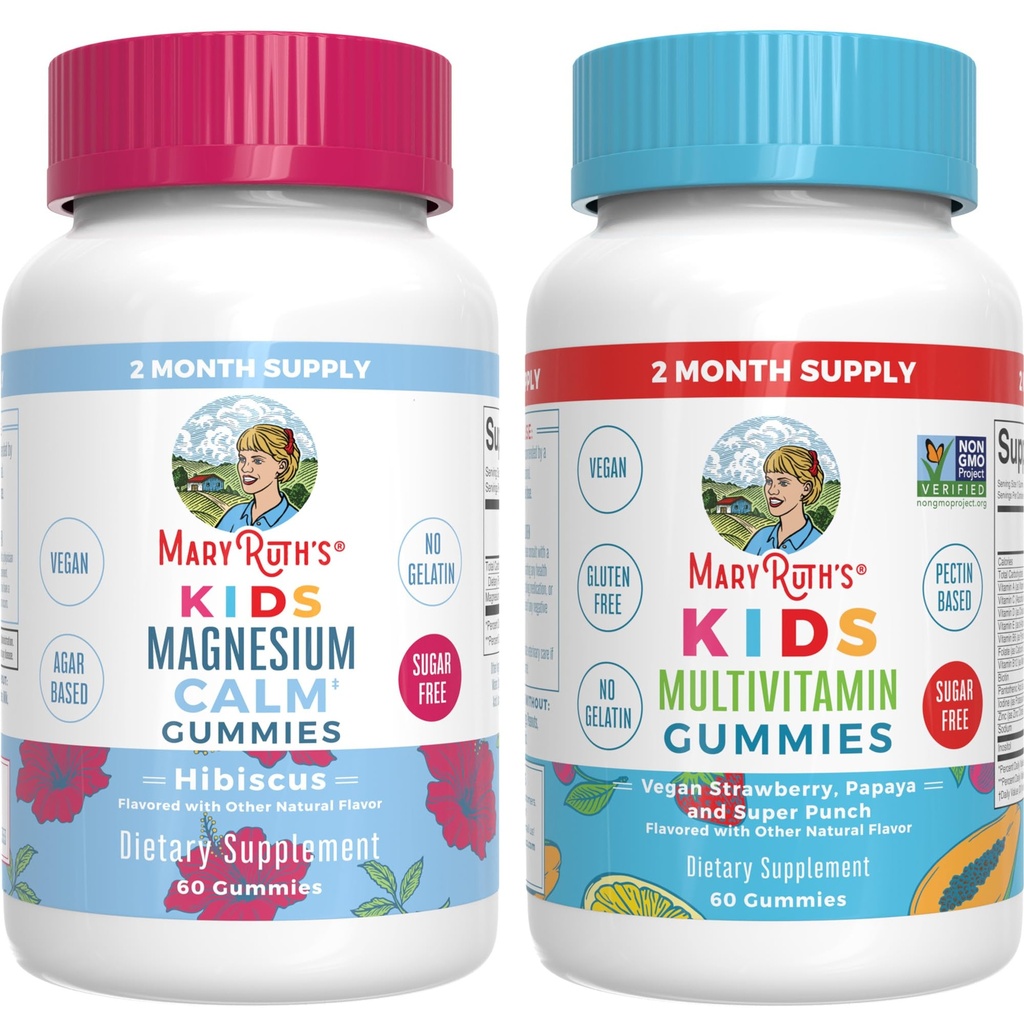 MaryRuth Organics Multivitamin (Strawberry) og Magnesium Calm Gummies (Hibiscus) for børn 124; Clean Label Project Verified ® Gluten 124; Vitaminer for samlet wellness og søvn 124; Vegan, Non- GMO, Gluten Free