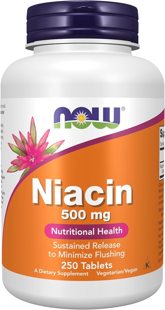 Now Foods Supplements, Niacin (B3- vitamin) 500 mg, Sustained Release, Nutritional Health, 250 tabletter