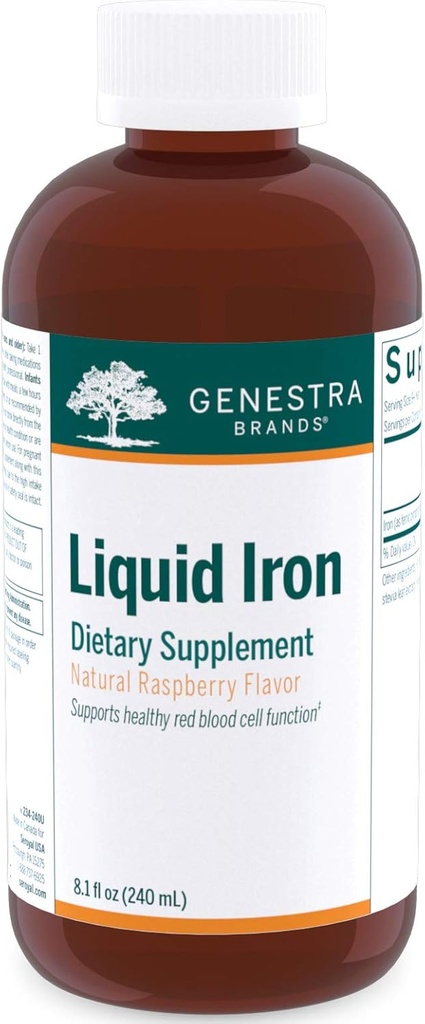 Genestra Brands Flydende Jern str. 124; Kolloid Mineral Supplement sp. 124; Natural Raspberry Arm. 124; 8.1 fl. oz.