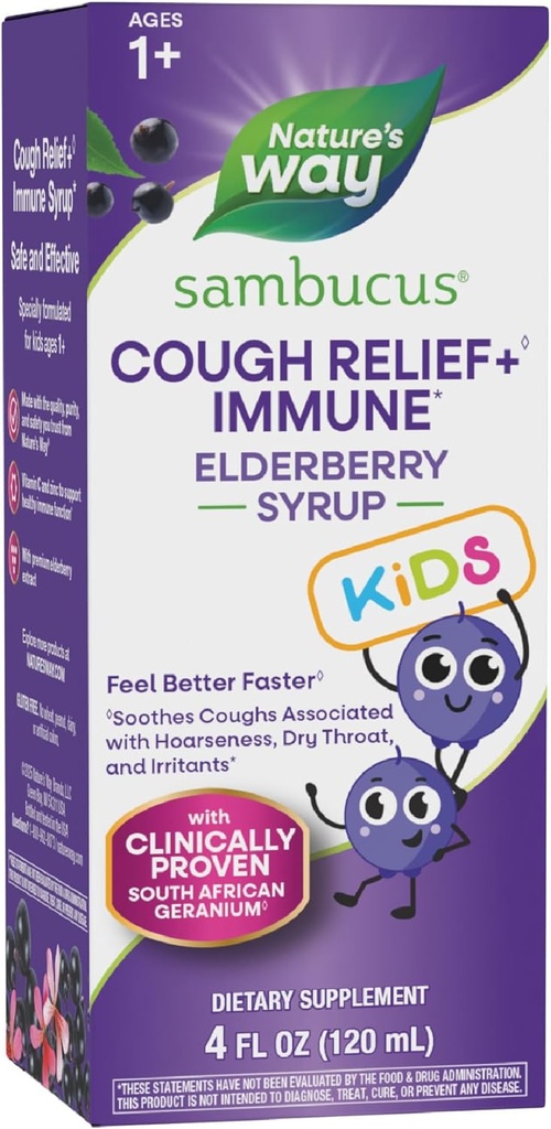 Nature 's Way Sambucus Kids Cough Relief + Municipality Syrup *, Feel Better Hurtigere, Clinically Proven South African Geranium, med Elderberry Extract, C-vitamin & zink, Gluten Free, Vegan, 4 Fl Oz